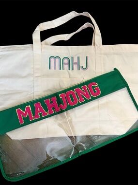 MAHJONG Tote and Case Set - Cream Canvas with Green and Hot Pink Accents